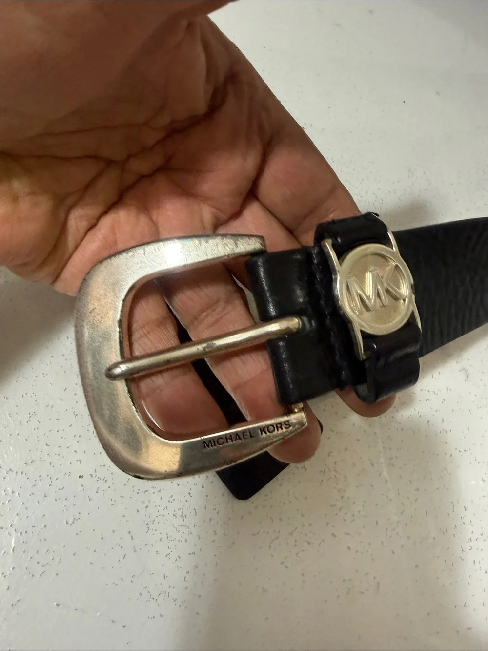 Michael Kors Pure Black Leather Belt with Silver MK Emblem